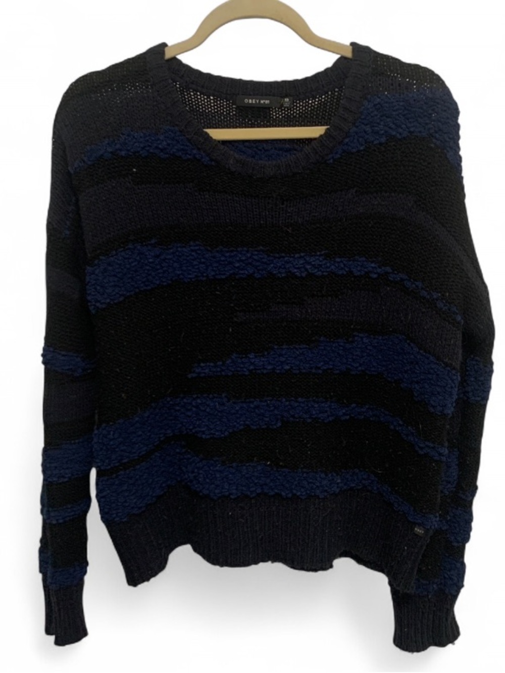 Obey Black and Dark Blue Textured Stripe Crewneck Sweater